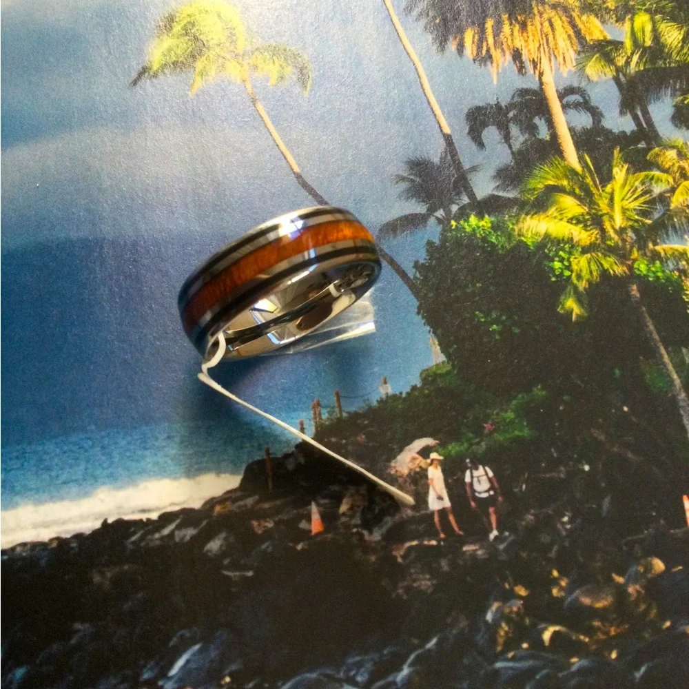 HAWAIIAN Tungsten ring,Koa wood and Black Enamel band,Unisex.Comfort-fit ring.